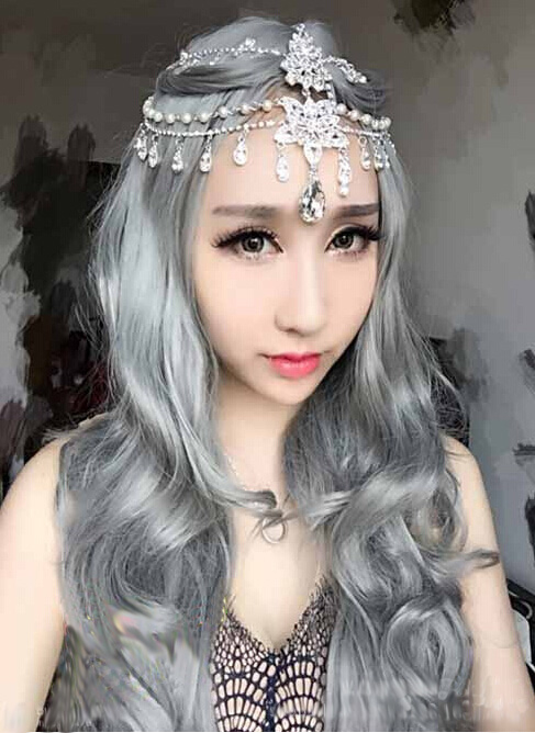 H032 Womens Fashion Princess Gray Long Wave Curly Cosplay Wig